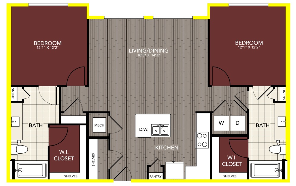 B1.P6 - 2 bedroom floorplan layout with 2 bathrooms and 1174 square feet